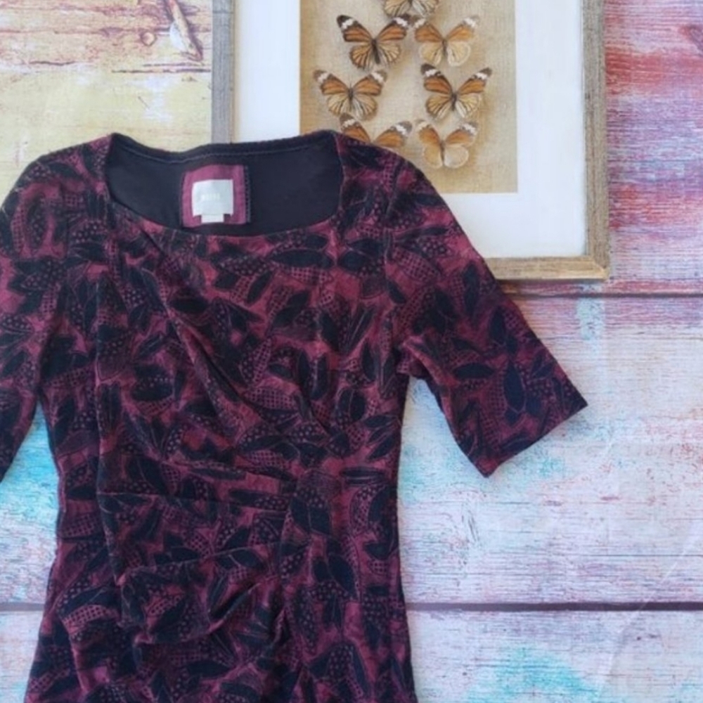 Anthropologie Maeve Elorn Burgundy Draped Front Lace Fitted Sheath Dress 8US - Picture 5 of 7